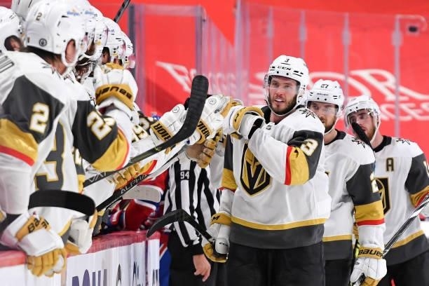 June 20: Brayden McNabb of the Vegas Golden Knights celebrates with the bench after scoring a goal against the Montreal Canadiens in Game Four of the...