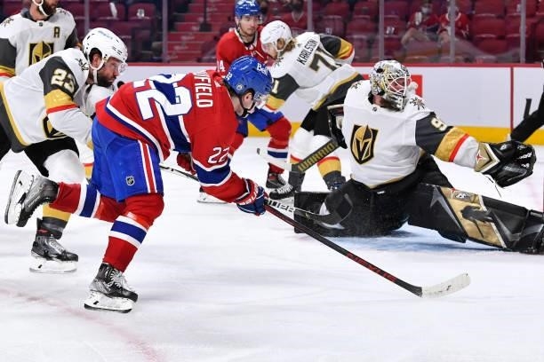June 20: Goalie Robin Lehner of the Vegas Golden Knights makes a save on a shot by Cole Caufield of the Montreal Canadiens in Game Four of the...