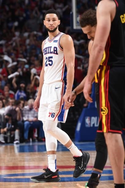 Ben Simmons of the Philadelphia 76ers looks on during Round 2, Game 7 of the Eastern Conference Playoffs on June 20, 2021 at Wells Fargo Center in...