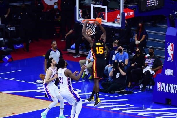 Clint Capela of the Atlanta Hawks dunks the ball against the Philadelphia 76ers during Round 2, Game 7 of the 2021 NBA Playoffs on June 20, 2021 at...