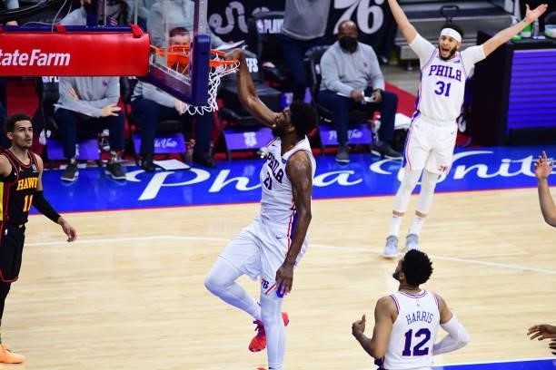 Joel Embiid of the Philadelphia 76ers dunks the ball against the Atlanta Hawks during Round 2, Game 7 of the 2021 NBA Playoffs on June 20, 2021 at...