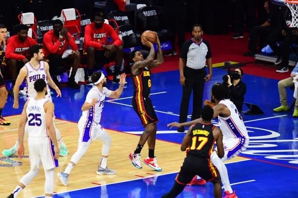 Lou Williams of the Atlanta Hawks shoots the ball against the Philadelphia 76ers during Round 2, Game 7 of the 2021 NBA Playoffs on June 20, 2021 at...