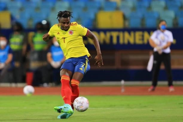Duvan Zapata of Colombia in action during the match between Colombia and Peru as part of Conmebol Copa America Brazil 2021 at Estadio Olimpico on...
