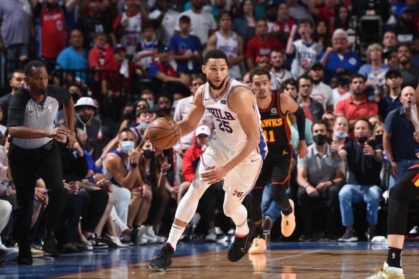 Ben Simmons of the Philadelphia 76ers handles the ball against the Atlanta Hawks during Round 2, Game 7 of the Eastern Conference Playoffs on June...