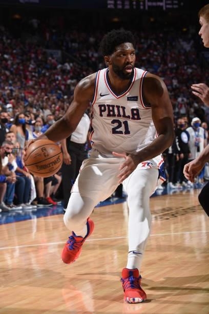 Joel Embiid of the Philadelphia 76ers handles the ball against the Atlanta Hawks during Round 2, Game 7 of the Eastern Conference Playoffs on June...