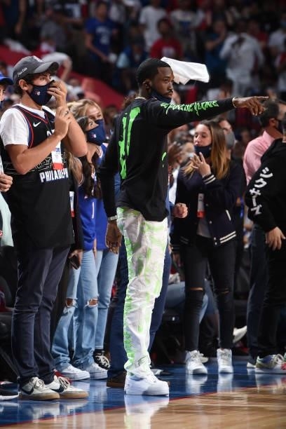 Rapper, Meek Mill, attends a game between the Atlanta Hawks and the Philadelphia 76ers during Round 2, Game 7 of the Eastern Conference Playoffs on...