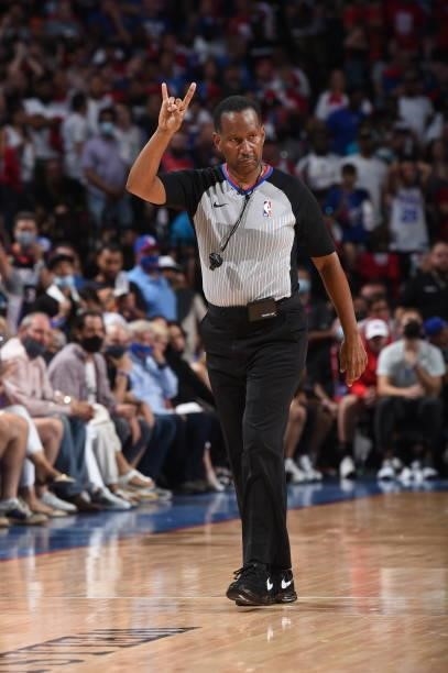 Referee James Capers looks on during Round 2, Game 7 of the Eastern Conference Playoffs on June 20, 2021 at Wells Fargo Center in Philadelphia,...