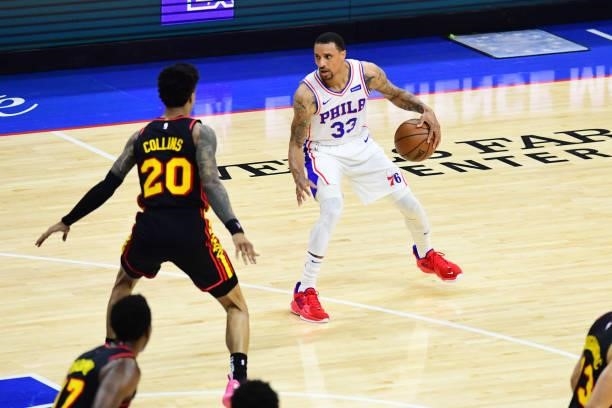 George Hill of the Philadelphia 76ers handles the ball against the Atlanta Hawks during Round 2, Game 7 of the 2021 NBA Playoffs on June 20, 2021 at...
