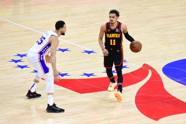 Trae Young of the Atlanta Hawks dribbles the ball against the Philadelphia 76ers during Round 2, Game 7 of the 2021 NBA Playoffs on June 20, 2021 at...