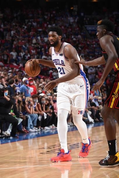 Joel Embiid of the Philadelphia 76ers handles the ball against the Atlanta Hawks during Round 2, Game 7 of the Eastern Conference Playoffs on June...