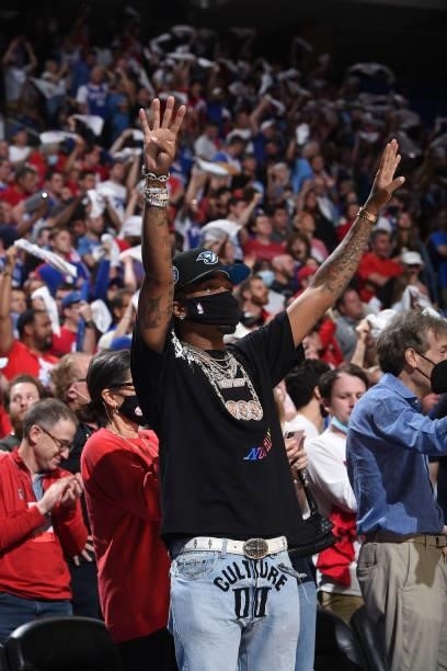 Rapper, Quavo, attends a game between the Atlanta Hawks and the Philadelphia 76ers during Round 2, Game 7 of the Eastern Conference Playoffs on June...