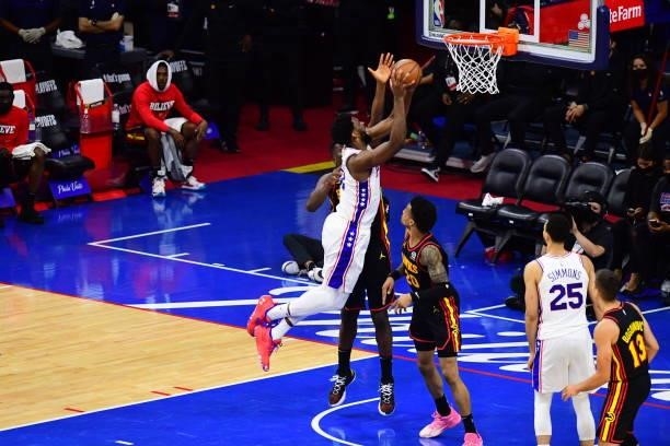 Joel Embiid of the Philadelphia 76ers shoots the ball against the Atlanta Hawks during Round 2, Game 7 of the 2021 NBA Playoffs on June 20, 2021 at...