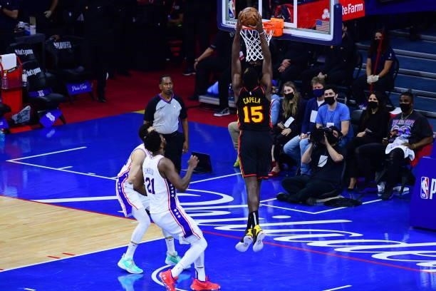 Clint Capela of the Atlanta Hawks dunks the ball against the Philadelphia 76ers during Round 2, Game 7 of the 2021 NBA Playoffs on June 20, 2021 at...