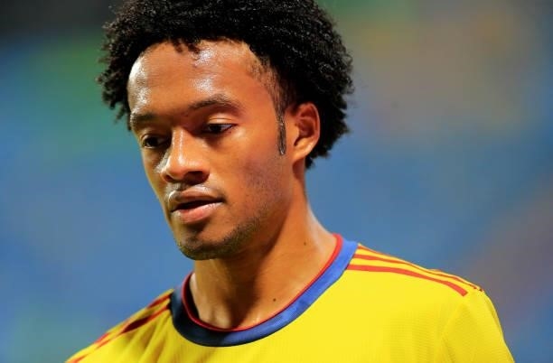 Juan Cuadrado of Colombia looks on during the match between Colombia and Peru as part of Conmebol Copa America Brazil 2021 at Estadio Olimpico on...