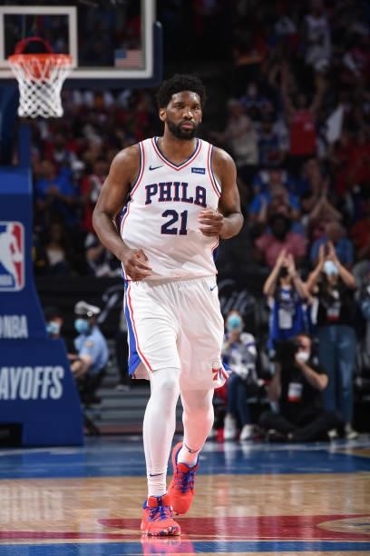 Joel Embiid of the Philadelphia 76ers runs on during Round 2, Game 7 of the Eastern Conference Playoffs on June 20, 2021 at Wells Fargo Center in...