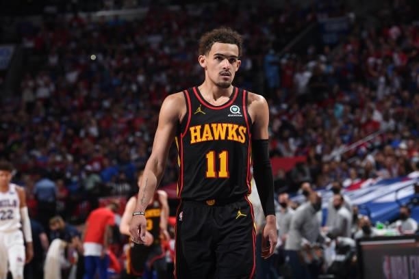 Trae Young of the Atlanta Hawks looks on during Round 2, Game 7 of the Eastern Conference Playoffs on June 20, 2021 at Wells Fargo Center in...