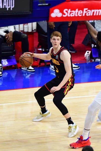 Kevin Huerter of the Atlanta Hawks handles the ball against the Philadelphia 76ers during Round 2, Game 7 of the 2021 NBA Playoffs on June 20, 2021...