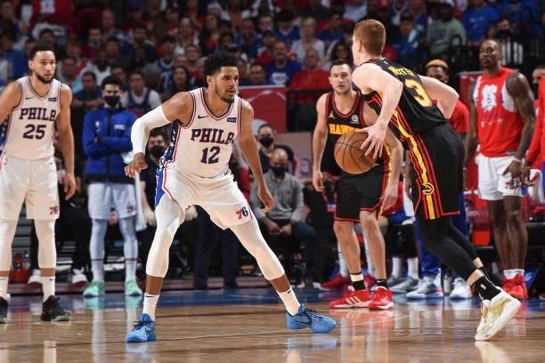 Tobias Harris of the Philadelphia 76ers plays defense against Kevin Huerter of the Atlanta Hawks during Round 2, Game 7 of the Eastern Conference...