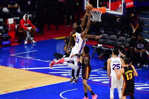 Joel Embiid of the Philadelphia 76ers shoots the ball against the Atlanta Hawks during Round 2, Game 7 of the 2021 NBA Playoffs on June 20, 2021 at...