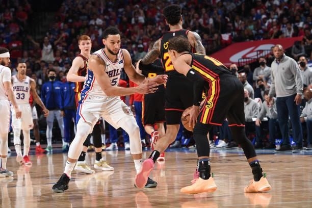 Ben Simmons of the Philadelphia 76ers plays defense against Trae Young of the Atlanta Hawks during Round 2, Game 7 of the Eastern Conference Playoffs...