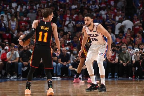 Ben Simmons of the Philadelphia 76ers plays defense against Trae Young of the Atlanta Hawks during Round 2, Game 7 of the Eastern Conference Playoffs...