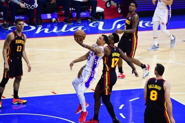 George Hill of the Philadelphia 76ers shoots the ball against the Atlanta Hawks during Round 2, Game 7 of the 2021 NBA Playoffs on June 20, 2021 at...