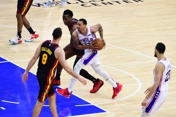 George Hill of the Philadelphia 76ers drives to the basket against the Atlanta Hawks during Round 2, Game 7 of the 2021 NBA Playoffs on June 20, 2021...