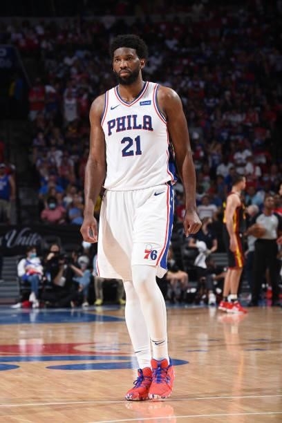Joel Embiid of the Philadelphia 76ers looks on during Round 2, Game 7 of the Eastern Conference Playoffs on June 20, 2021 at Wells Fargo Center in...