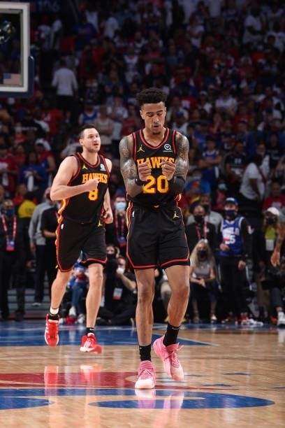 John Collins of the Atlanta Hawks reacts during Round 2, Game 7 of the Eastern Conference Playoffs on June 20, 2021 at Wells Fargo Center in...
