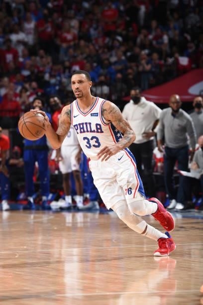 George Hill of the Philadelphia 76ers handles the ball against the Atlanta Hawks during Round 2, Game 7 of the Eastern Conference Playoffs on June...