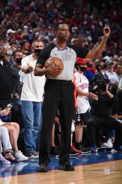 Referee Sean Wright looks on during Round 2, Game 7 of the Eastern Conference Playoffs on June 20, 2021 at Wells Fargo Center in Philadelphia,...