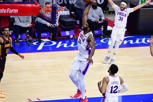Joel Embiid of the Philadelphia 76ers drives to the basket against the Atlanta Hawks during Round 2, Game 7 of the 2021 NBA Playoffs on June 20, 2021...