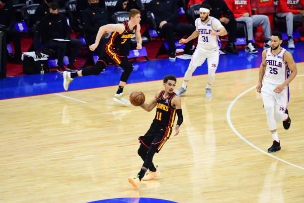 Trae Young of the Atlanta Hawks handles the ball against the Philadelphia 76ers during Round 2, Game 7 of the 2021 NBA Playoffs on June 20, 2021 at...