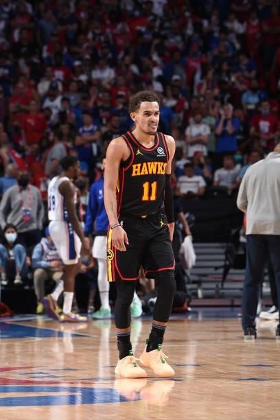 Trae Young of the Atlanta Hawks smiles during Round 2, Game 7 of the Eastern Conference Playoffs on June 20, 2021 at Wells Fargo Center in...