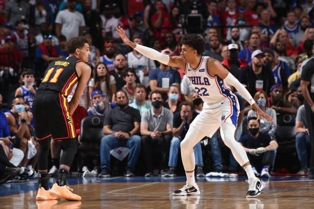 Matisse Thybulle of the Philadelphia 76ers plays defense against Trae Young of the Atlanta Hawks during Round 2, Game 7 of the Eastern Conference...