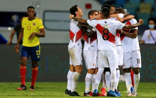 Peru players celebrate after an own goal by Yerry Mina of Colombia during the match between Colombia and Peru as part of Conmebol Copa America Brazil...