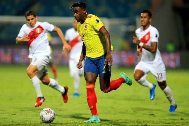 Duvan Zapata of Colombia controls the ball during the match between Colombia and Peru as part of Conmebol Copa America Brazil 2021 at Estadio...