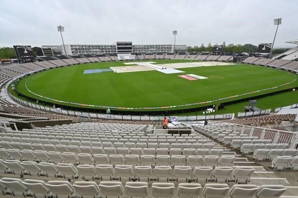 View of the ground as rain stops play on the fourth day of the ICC World Test Championship Final between New Zealand and India at the Ageas Bowl in...