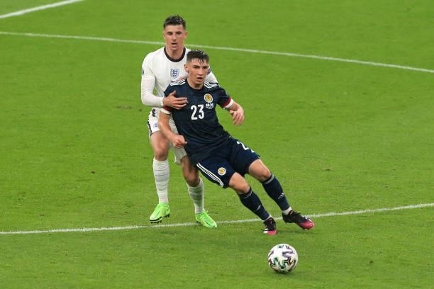 Mason Mount of England battles with Billy Gilmour of Scotland during the UEFA Euro 2020 Championship Group D match between England and Scotland at...