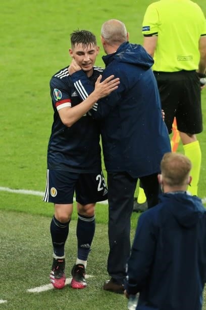 Scotland manager Steve Clarke congratulates Billy Gilmour of Scotland after substituting him during the UEFA Euro 2020 Championship Group D match...