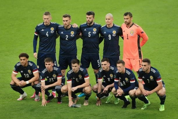 Scotland players pose for a team photo before the UEFA Euro 2020 Championship Group D match between England and Scotland at Wembley Stadium on June...