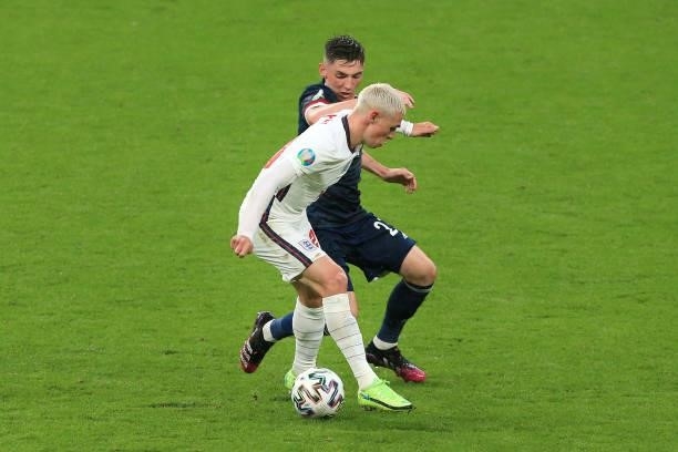 Billy Gilmour of Scotland battles with Phil Foden of England during the UEFA Euro 2020 Championship Group D match between England and Scotland at...