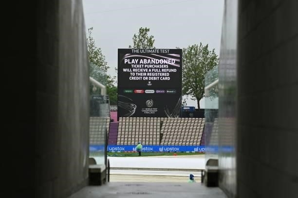 Scoreboard announces the abandonment of today's play due to the rain on the fourth day of the ICC World Test Championship Final between New Zealand...