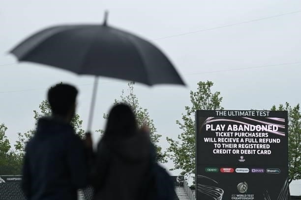 Scoreboard announces the abandonment of today's play due to the rain on the fourth day of the ICC World Test Championship Final between New Zealand...