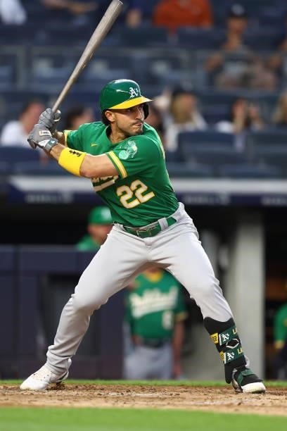 Ramon Laureano of the Oakland Athletics in action against the New York Yankees in action against the Oakland Athletics at Yankee Stadium on June 18,...