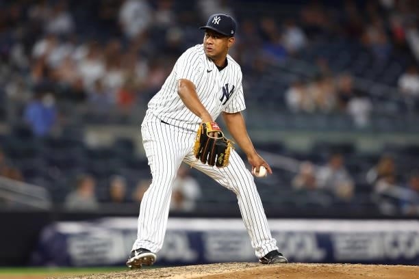 Wandy Peralta of the New York Yankees in action against the Oakland Athletics at Yankee Stadium on June 18, 2021 in New York City. Oakland Athletics...