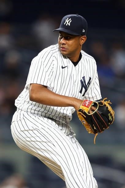Wandy Peralta of the New York Yankees in action against the Oakland Athletics at Yankee Stadium on June 18, 2021 in New York City. Oakland Athletics...