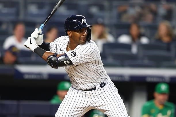 Miguel Andujar of the New York Yankees in action against the Oakland Athletics at Yankee Stadium on June 18, 2021 in New York City. Oakland Athletics...