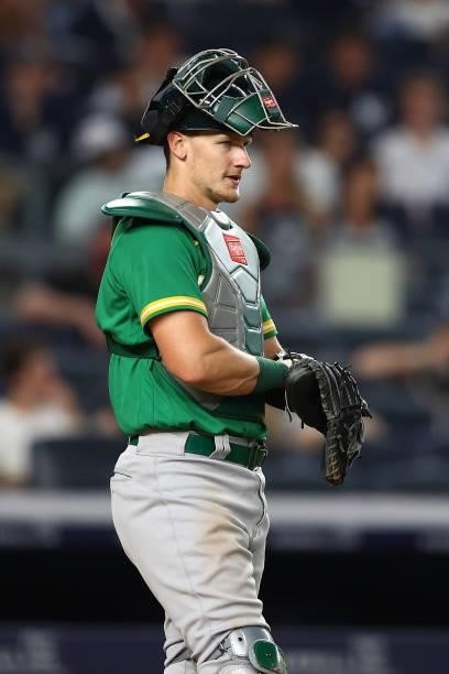 Sean Murphy of the Oakland Athletics in action against the New York Yankees in action against the Oakland Athletics at Yankee Stadium on June 18,...