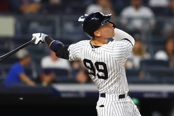 Aaron Judge of the New York Yankees in action against the Oakland Athletics at Yankee Stadium on June 18, 2021 in New York City. Oakland Athletics...